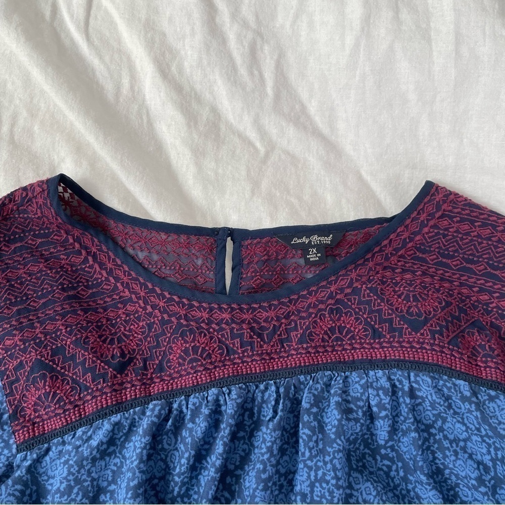 Lucky Brand 2X Border Print Peasant Top Lace Blue Swing - Picture 5 of 9